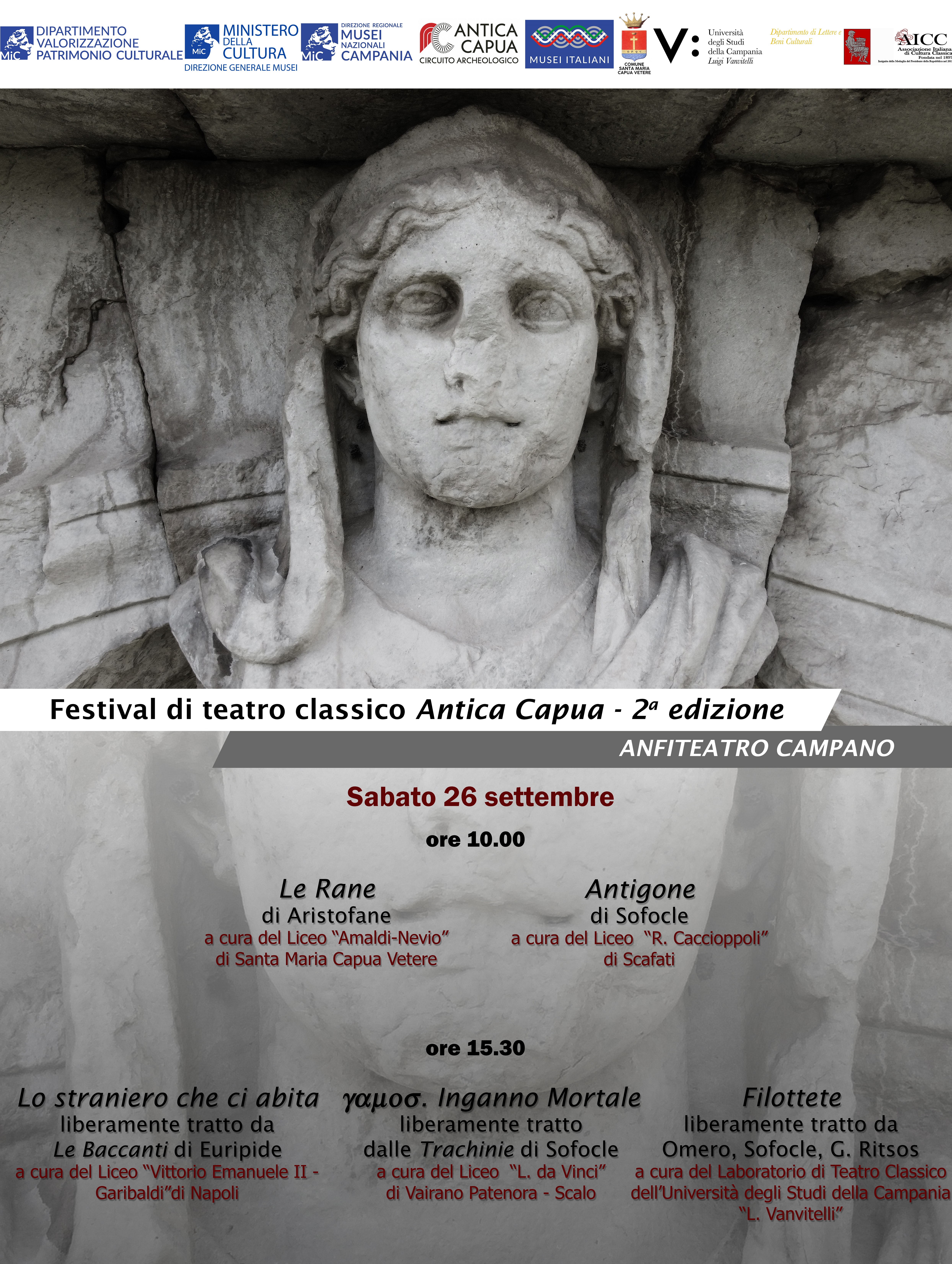GEP 2026_Il 25 e 26 settembre la seconda edizione del Festival di teatro classico Antica Capua: due giornate straordinarie tra tragedia, commedia, mito, patrimonio e nuove generazioni all'Anfiteatro campano di Santa Maria Capua Vetere